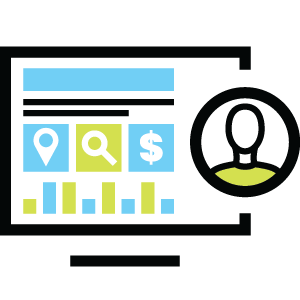 Computer monitor displaying client portal dashboard with user profile icon and data charts