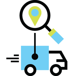 Blue delivery truck icon with magnifying glass and location pin for package tracking