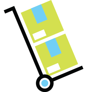 Hand truck dolly icon with stacked shipping boxes in green and blue