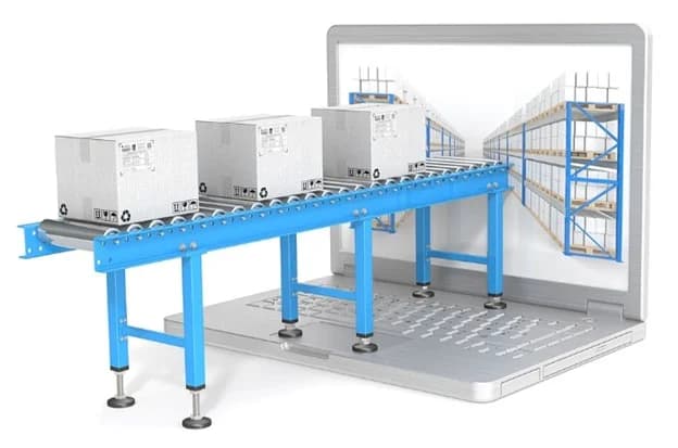 Conveyor belt with cardboard boxes emerging from laptop screen showing warehouse logistics