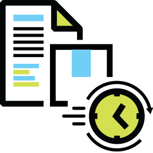Rapid deployment icon showing documents with clock symbol for fast implementation