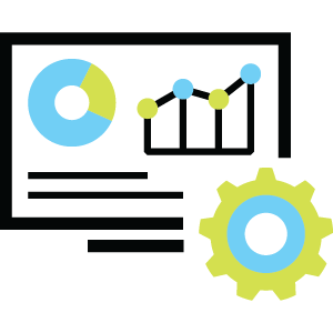 Business reporting dashboard icon with pie chart, bar graph, and gear symbol
