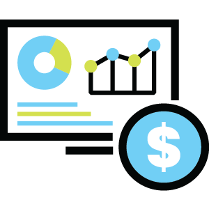 Computer screen displaying financial charts, graphs, and dollar sign icon for business analytics