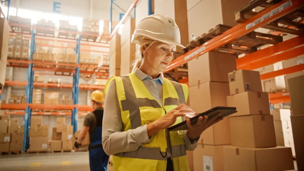 female in hard hat looking a tablet in a warehosue