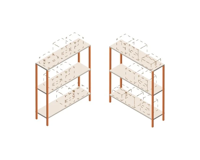 Two warehouse shelving units with dashed outline boxes indicating stock out inventory gaps