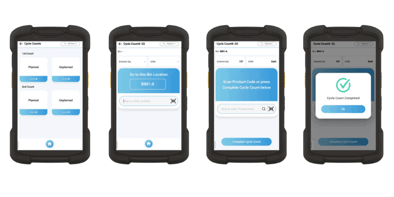 Four mobile phones displaying warehouse cycle counting app interface screens