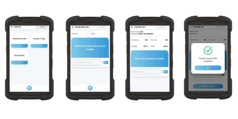 Four mobile devices showing inventory transfer workflow screens with bin-to-bin transfer interface