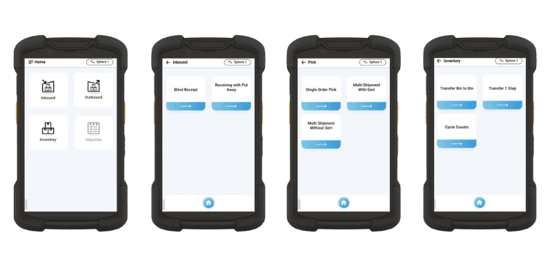 Four mobile phone screens showing Sphere warehouse management app menu interface with inbound, pick, and inventory options