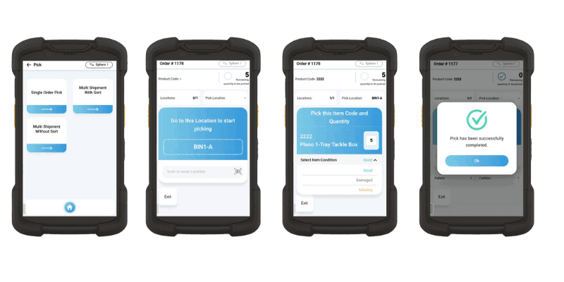 Four mobile devices showing warehouse picking app interface with order selection and completion screens