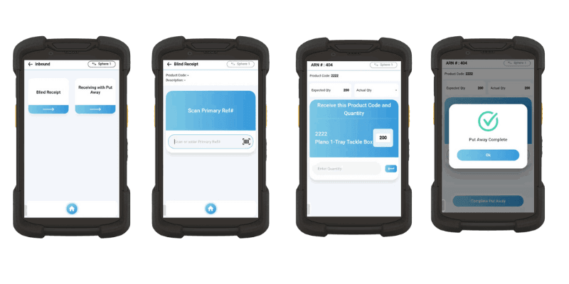 Mobile receiving workflow screens showing barcode scanning and inventory confirmation interface