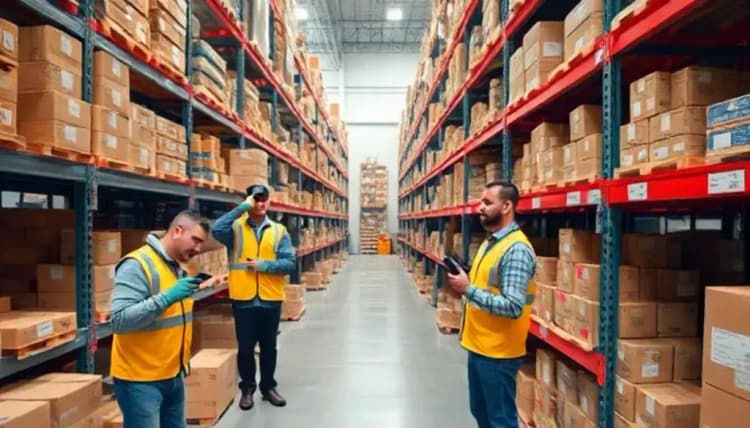 Warehouse workers performing case picking with scanners and labeled cases.