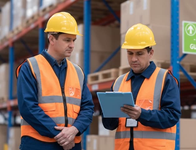 Two warehouse workers in safety gear reviewing tablet in distribution center