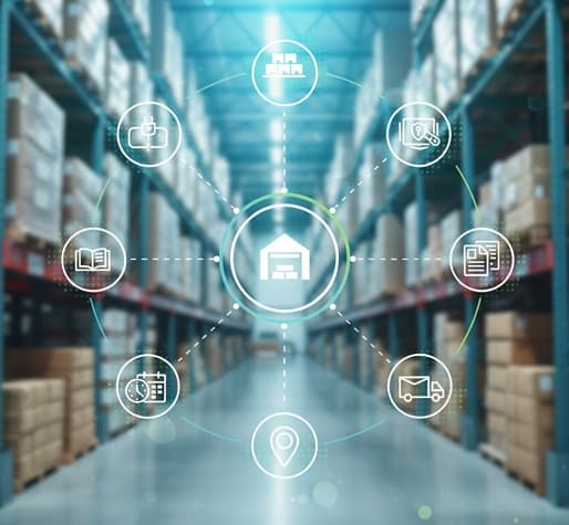 Warehouse with connected digital icons showing API integration and supply chain management