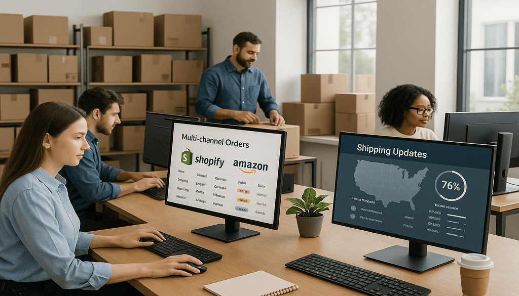 Team managing e-commerce orders and shipping logistics using 3PL software on computer monitors
