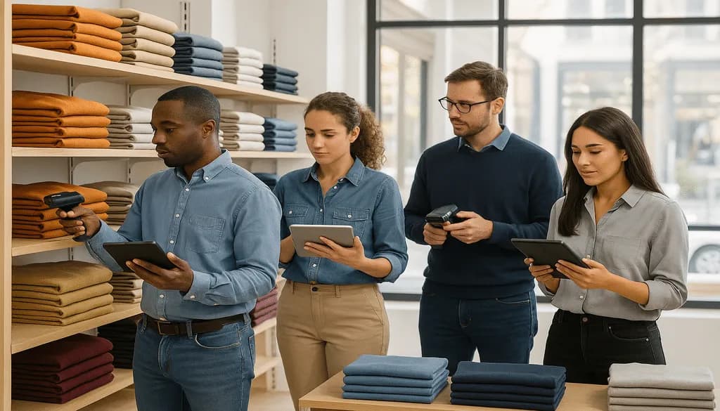 Apparel store staff auditing inventory with barcode scanners and tablets.
