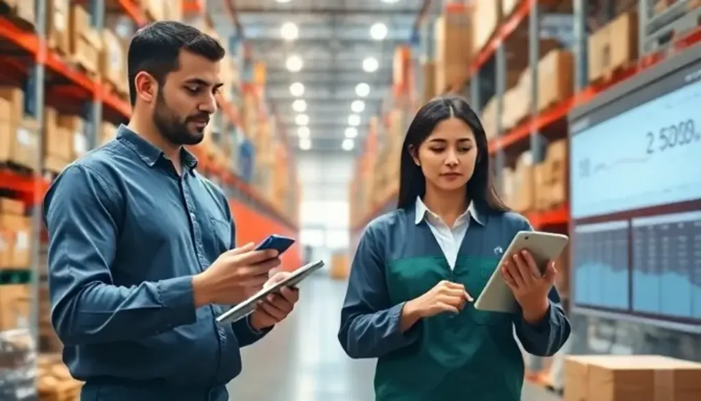Two warehouse workers using tablets to track SKU inventory data in modern fulfillment center