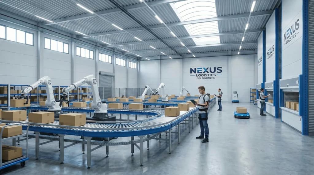 High-tech 3PL warehouse with robotic arms, conveyor belts, and workers managing inventory.