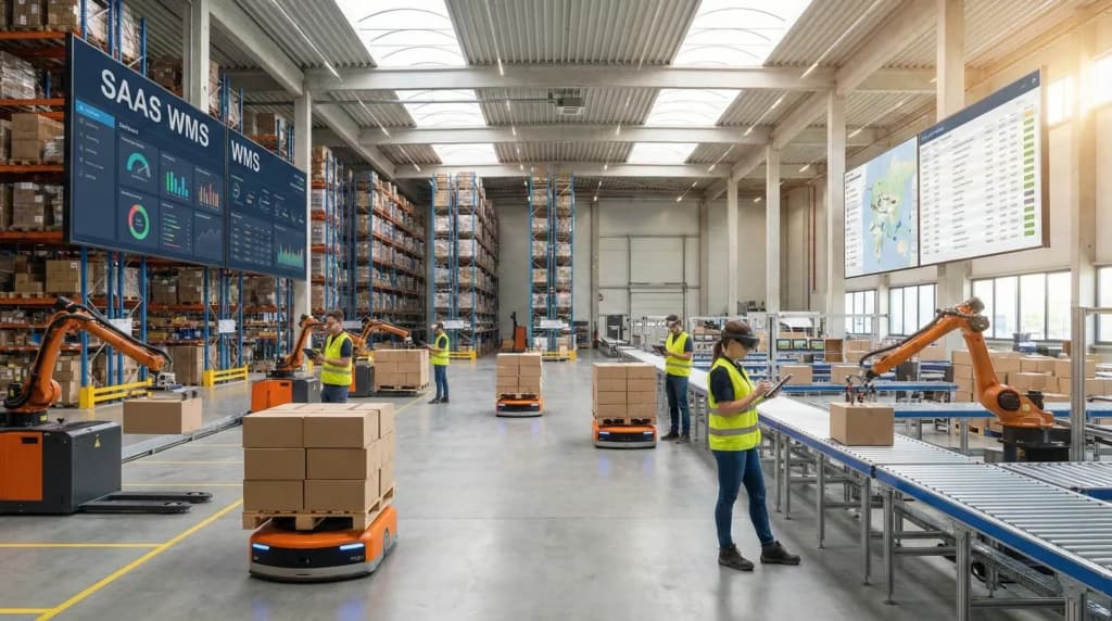 Modern SaaS WMS-enabled warehouse with robots and staff managing inventory under skylights.