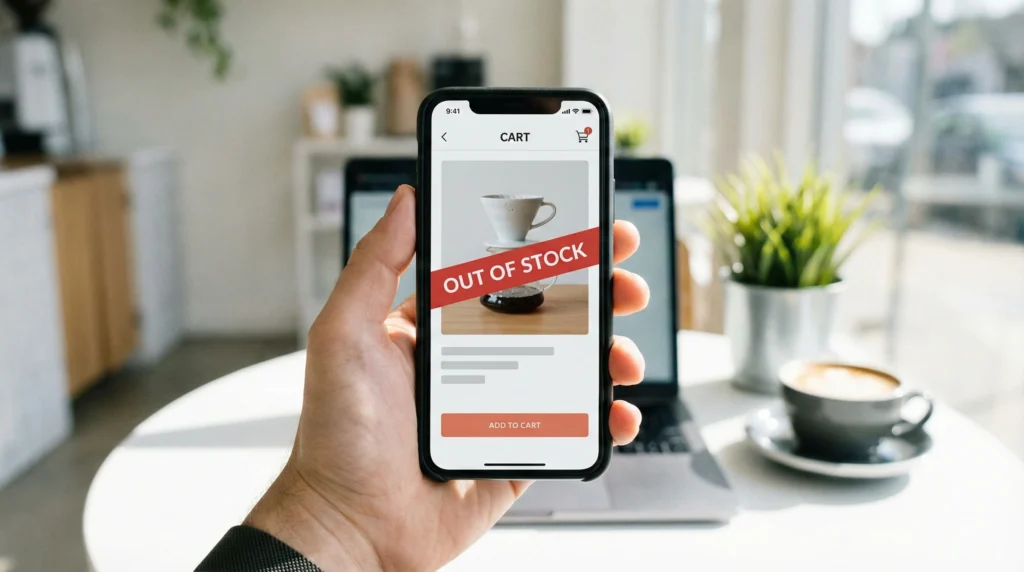 online shopping on a phone with a banner across saying out of stock