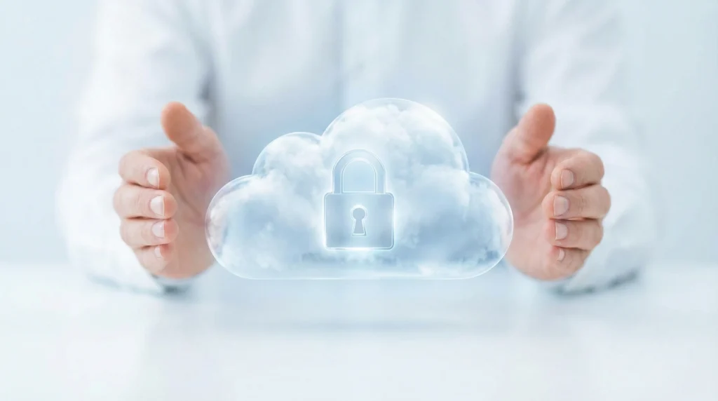 overlay of cloud with a lock inside of it, and hands in the background