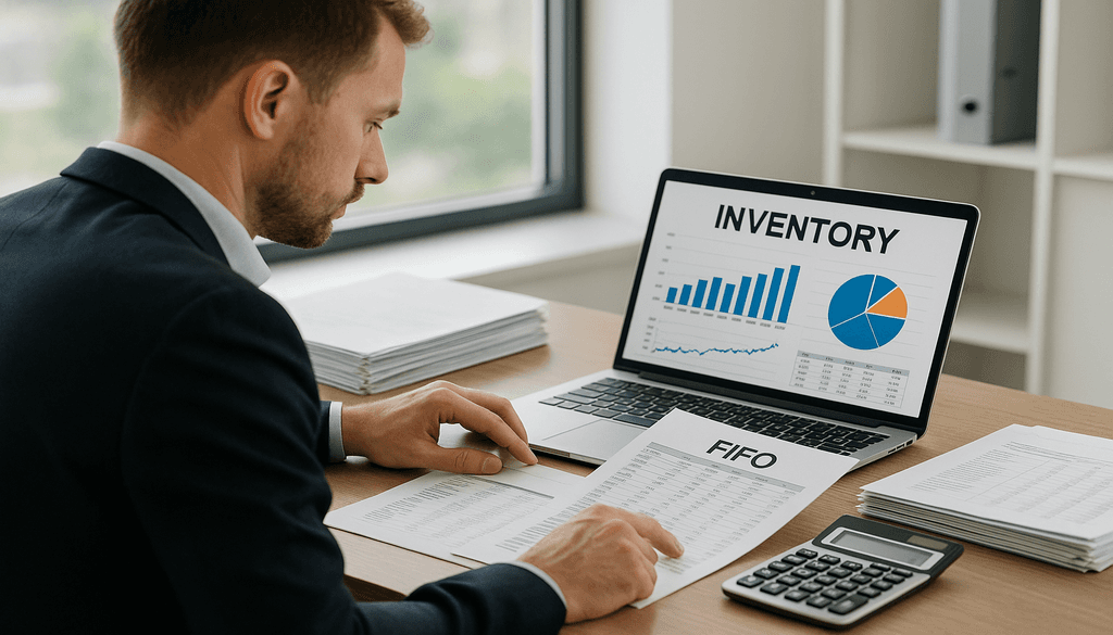 Professional businessman analyzing FIFO inventory management data on laptop with charts and calculator