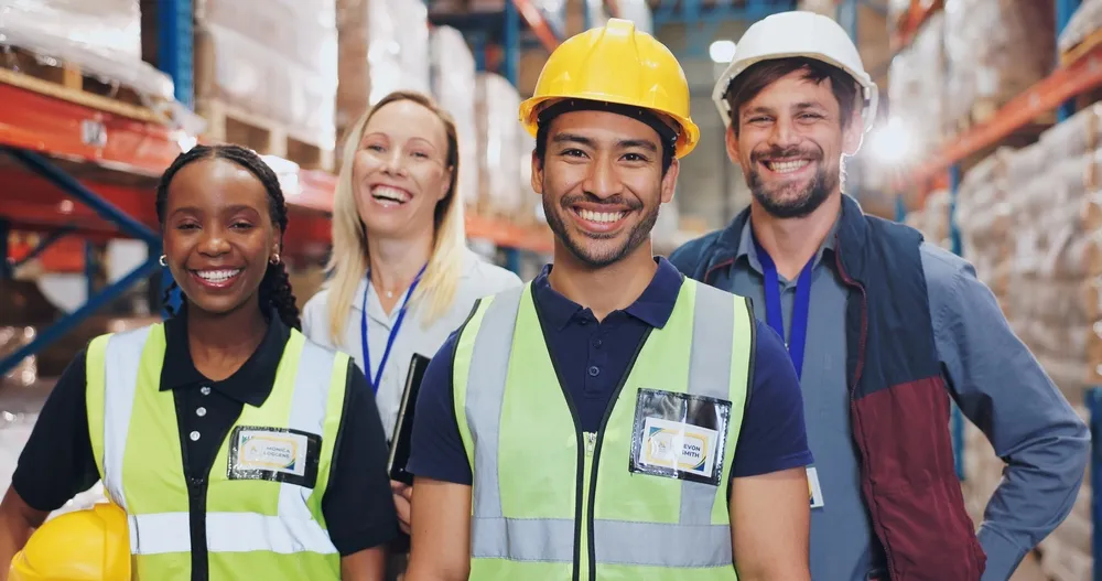 smiling diverse warehouse employees