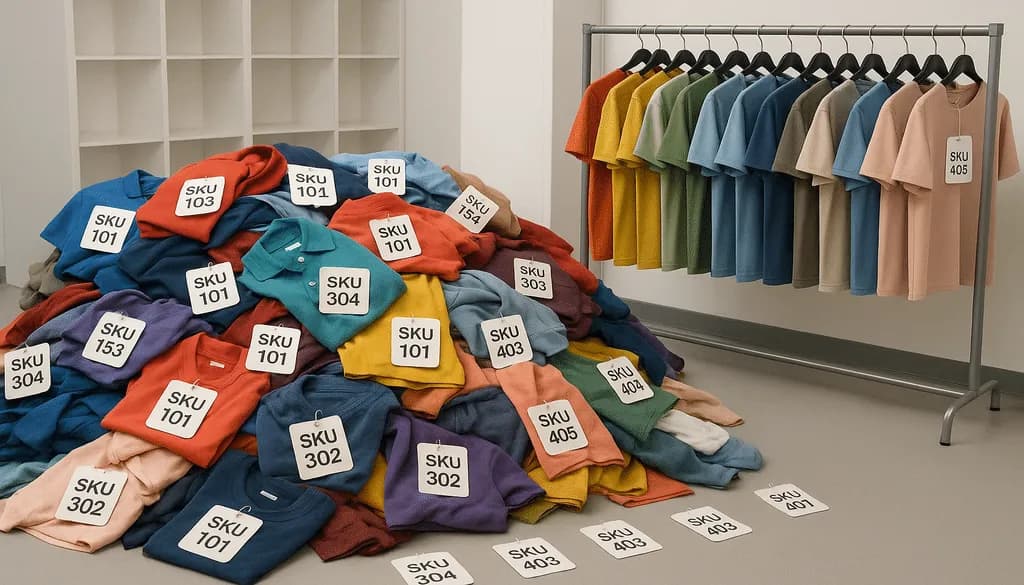 Fashion stockroom with disorganized and duplicate SKU tags on clothing items.