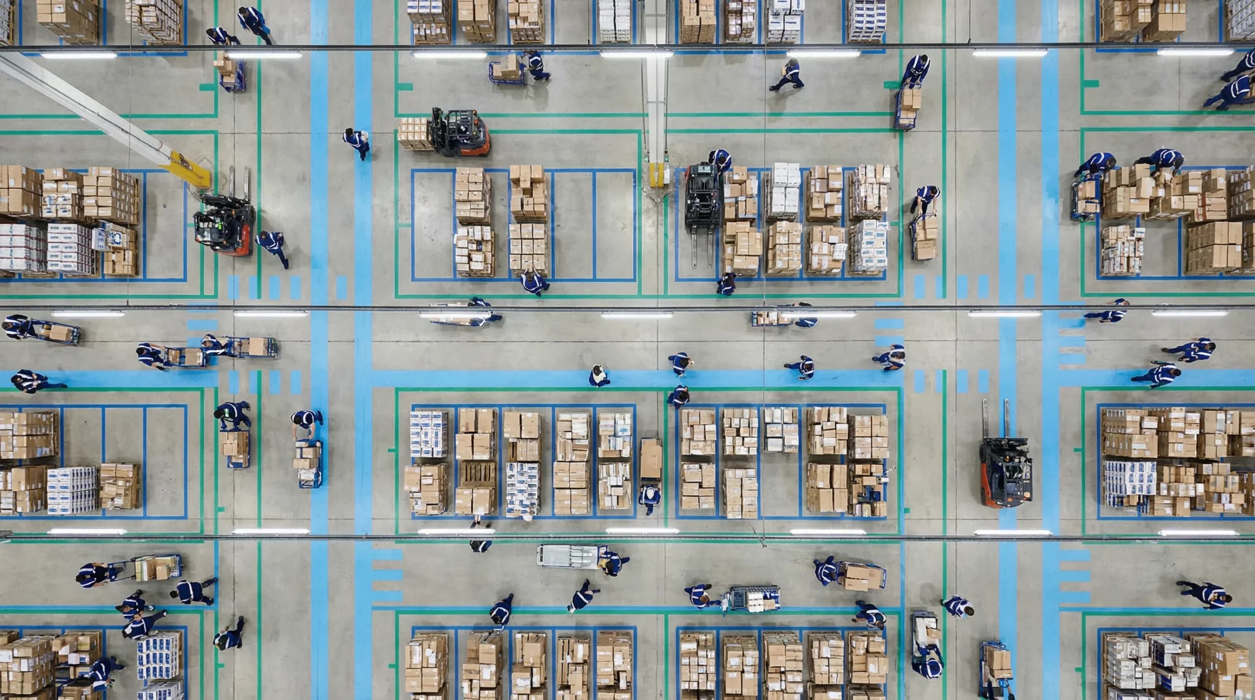 Aerial view of organized warehouse floor