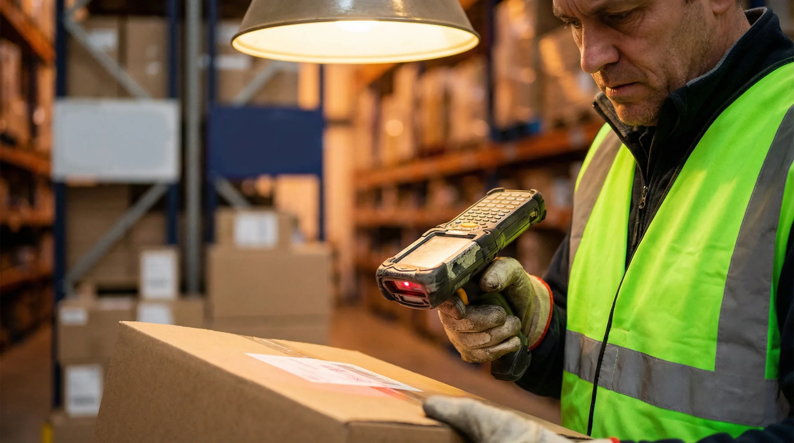 Warehouse worker scanning barcode on package