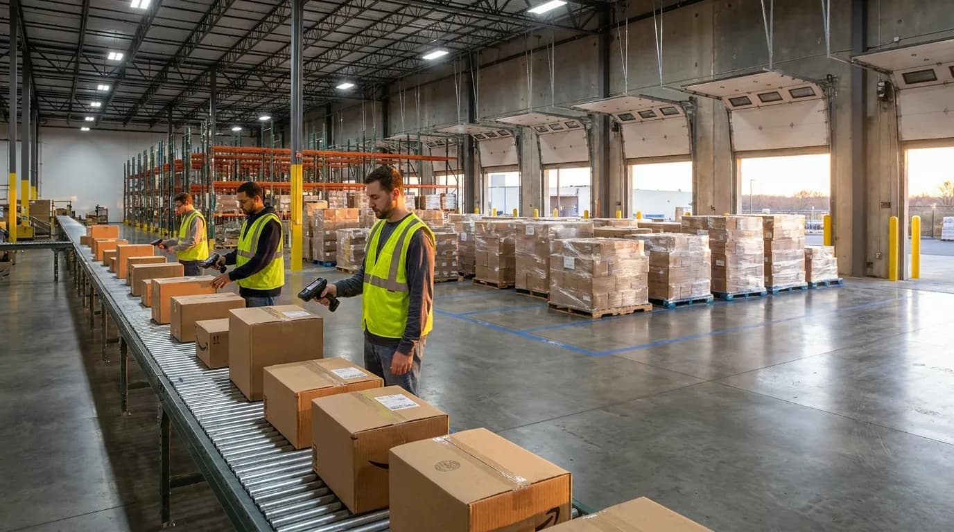 Order fulfillment, warehouse fulfillment receiving dock with conveyor and pallets