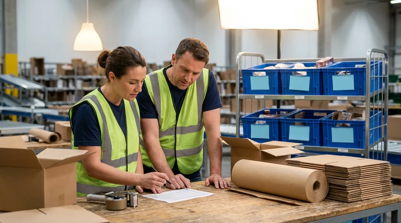 Two warehouse workers reviewing a printed pick list
