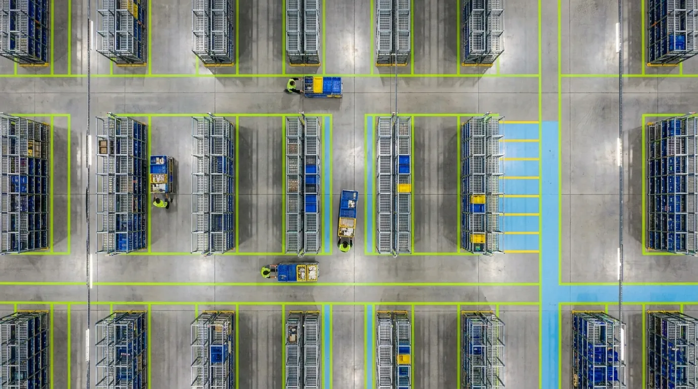 Aerial view of color-coded warehouse picking zones