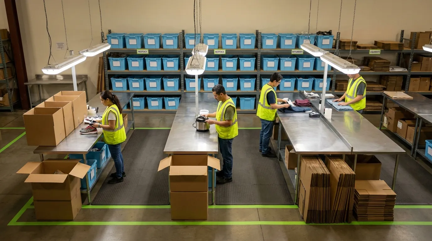 Workers sorting returned products into categorized bins