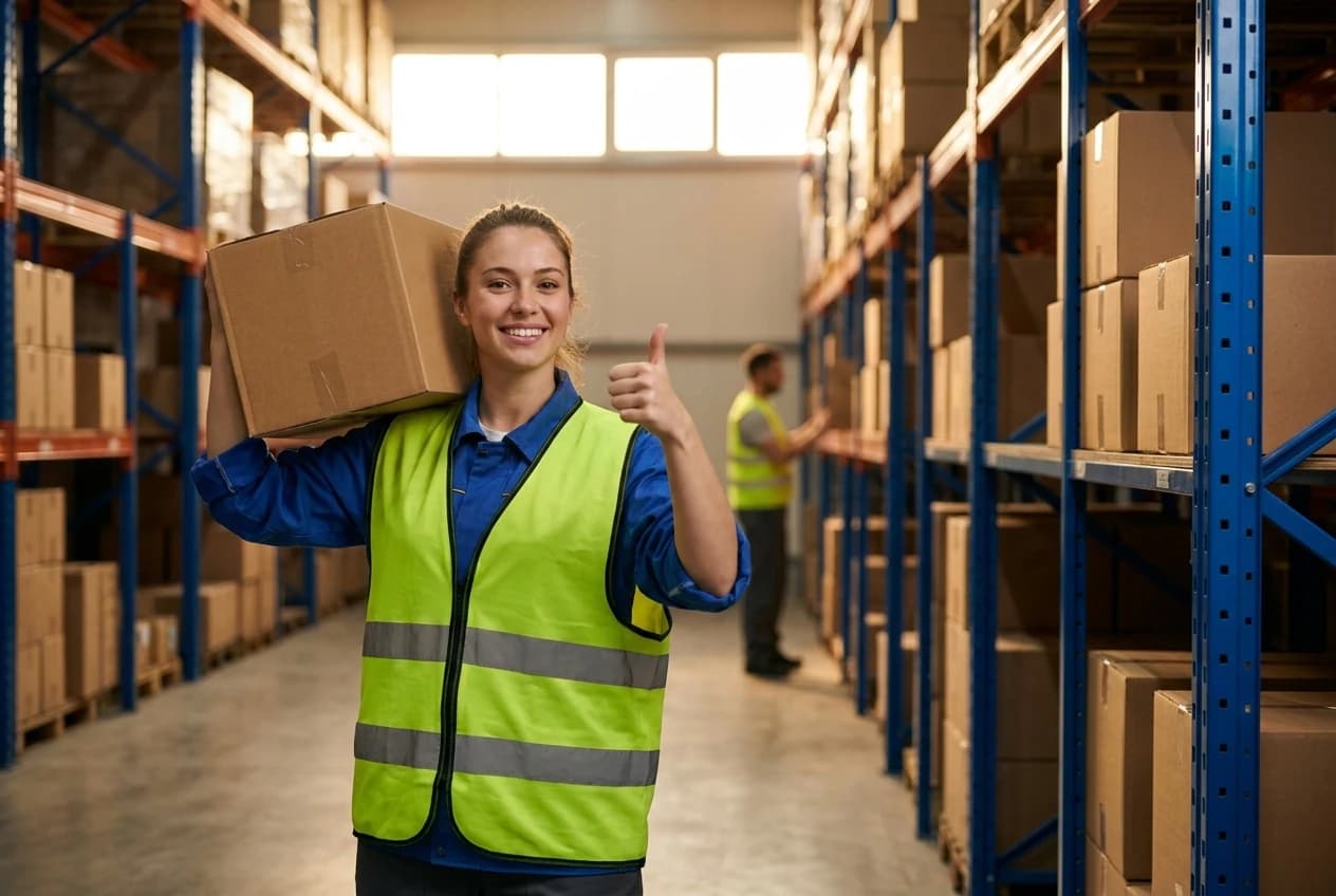 a warehouse worker holding a box on her shoulder and giving a thumbs up