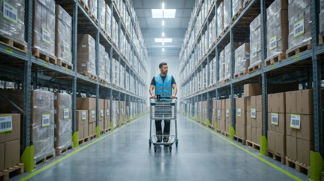 Worker with handheld barcode scanner for inventory in warehouse aisle