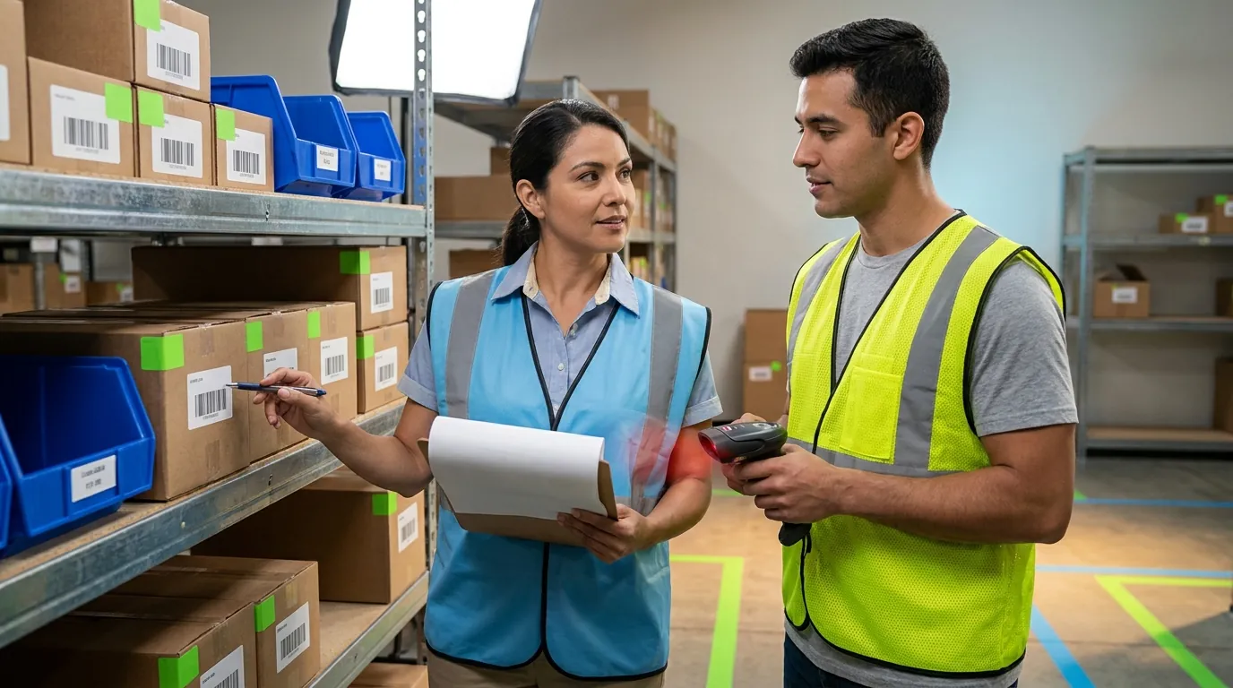 Supervisor and picker using handheld barcode scanner at shelving