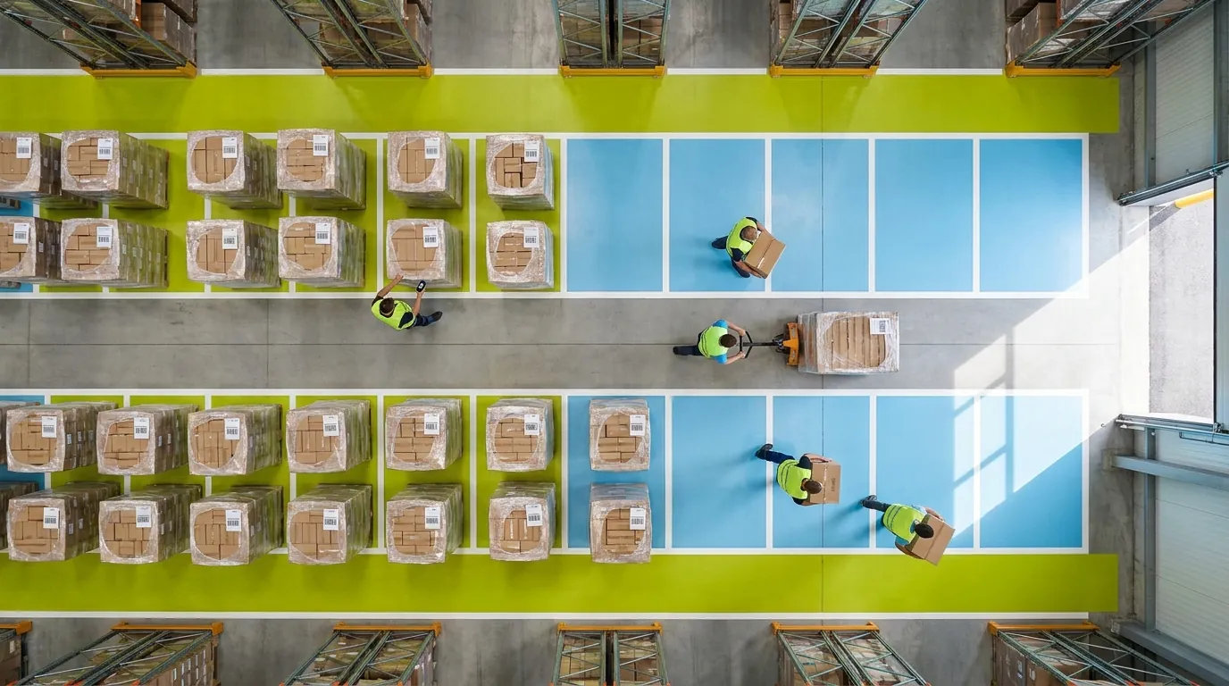 Aerial view of organized warehouse zones with handheld barcode scanner