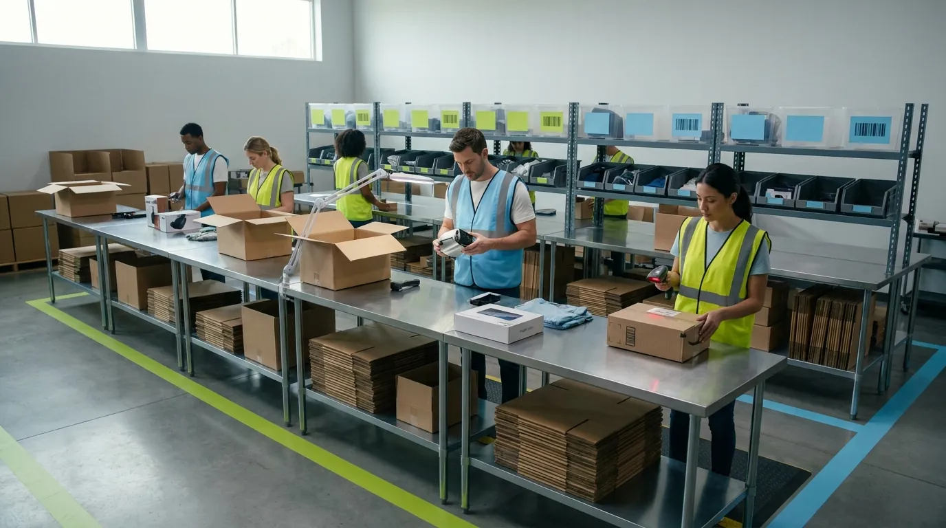 Returns area workers sorting products with handheld barcode scanner