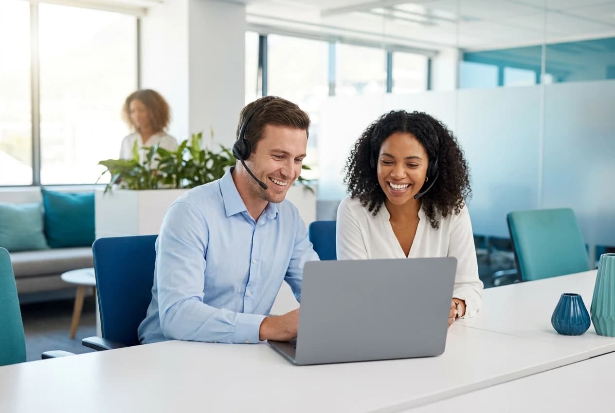two customer support team members in headsets smiling as they work together on a laptop