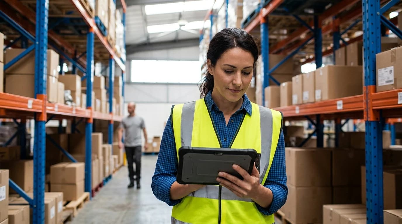 female warehouse supervisor in a high-visibility vest checking a tablet in a warehouse aisle