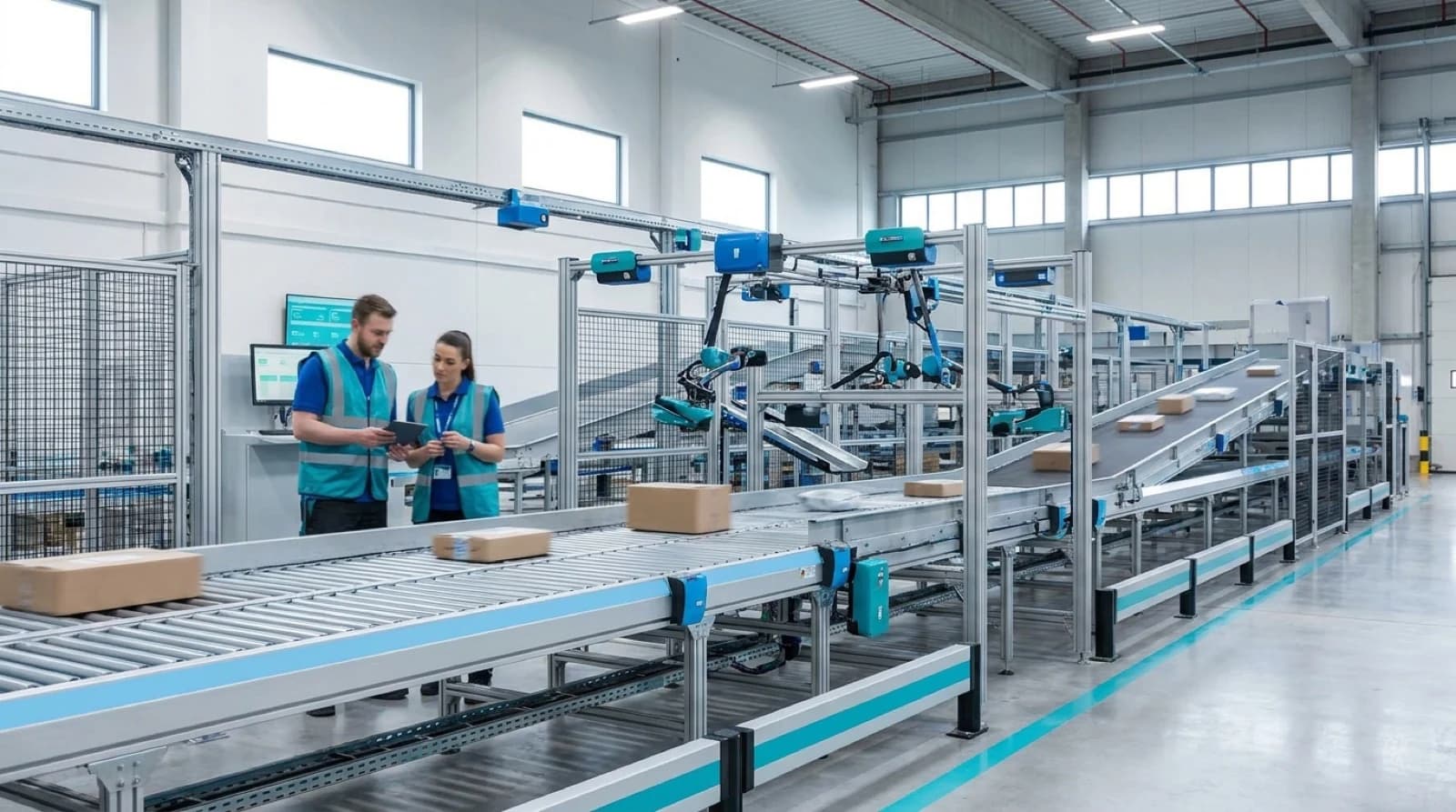 automated sorting conveyor system in a warehouse