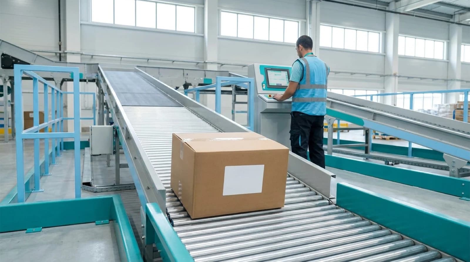 box moving down ramp on automated sorting conveyor system