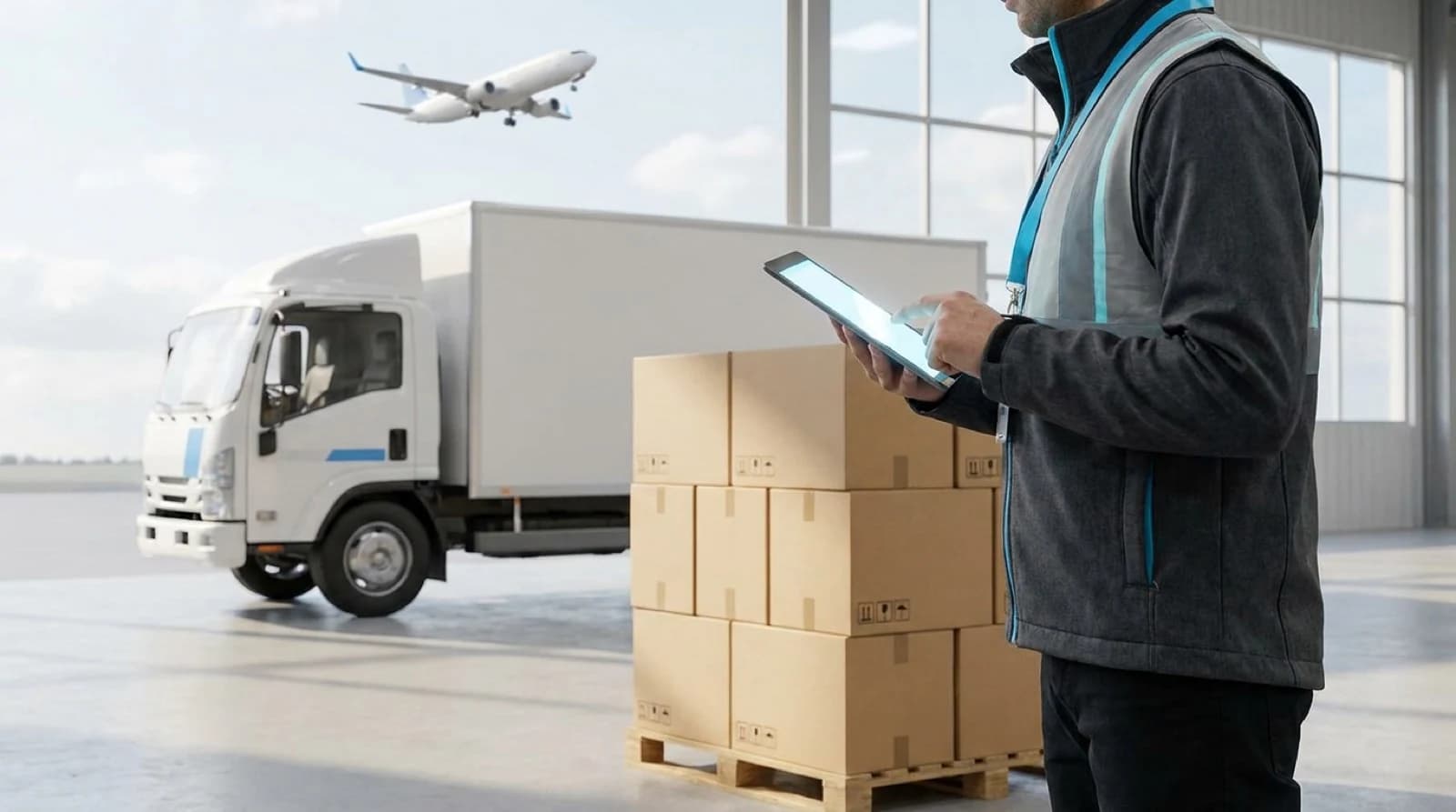 delivery truck, stack of boxes, and plane overhead