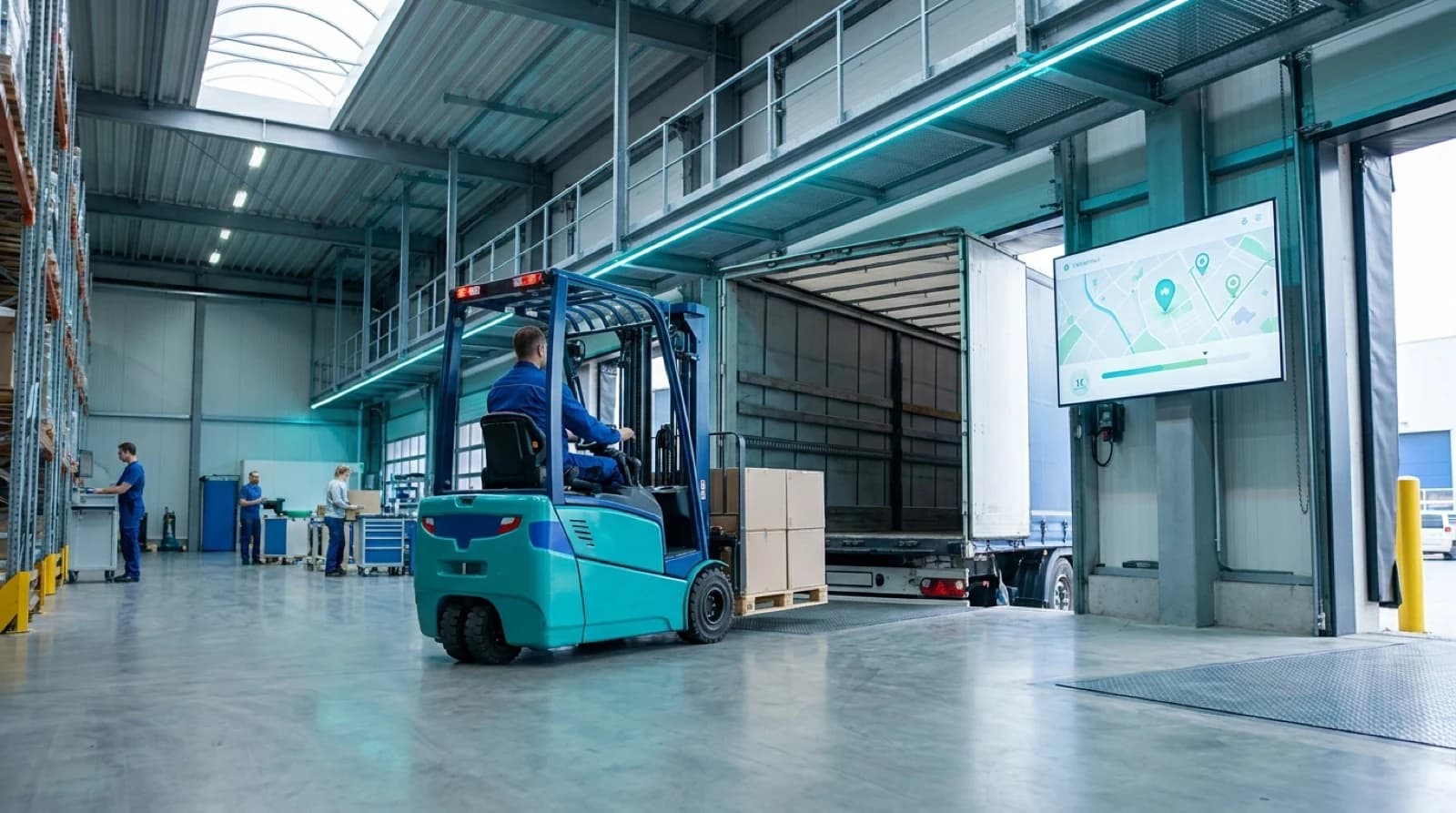 Illustration of warehouse shipping process with truck loading, forklift, and delivery tracking icons