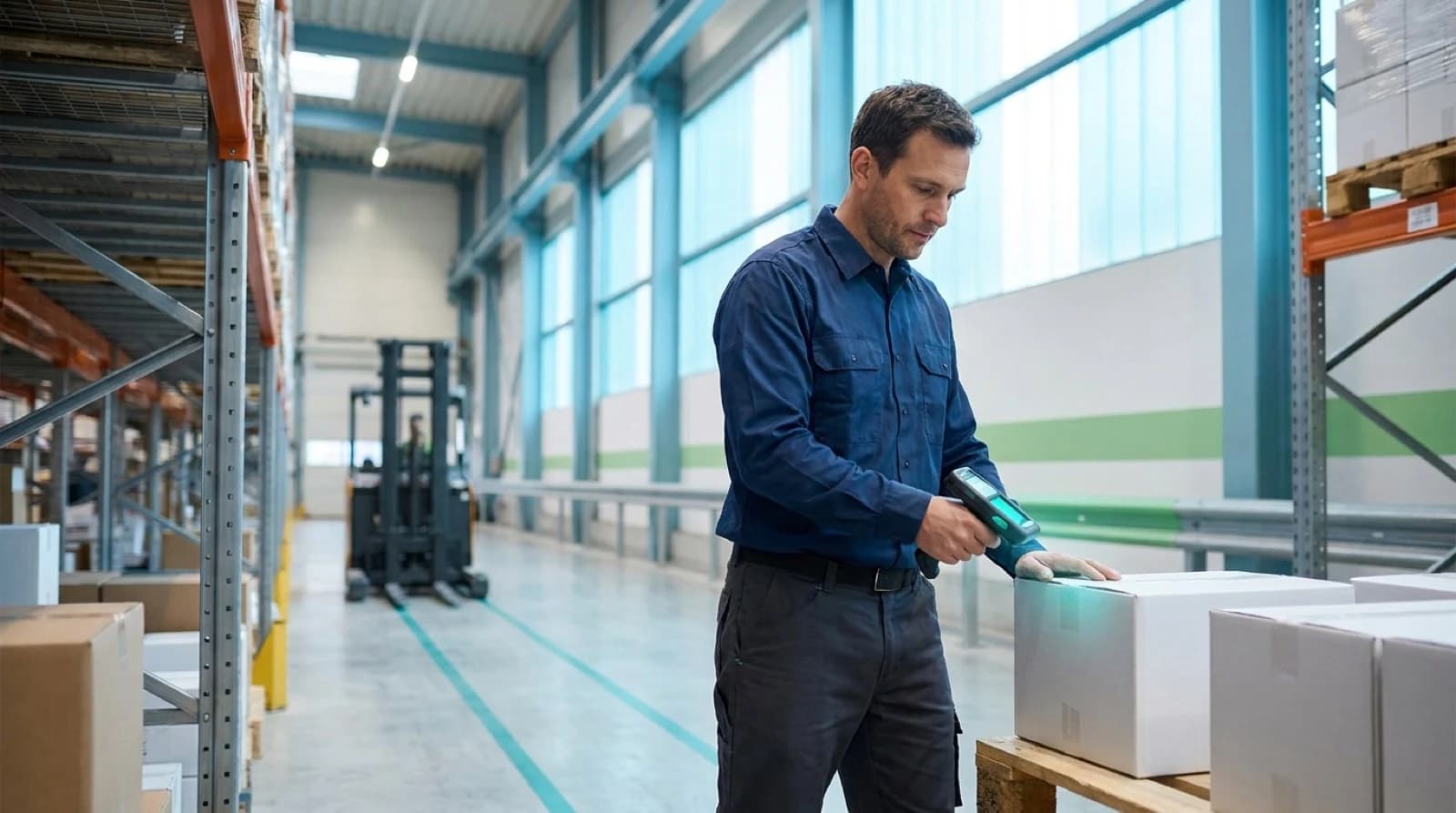 man scanning a barcode on a box in a warehouse