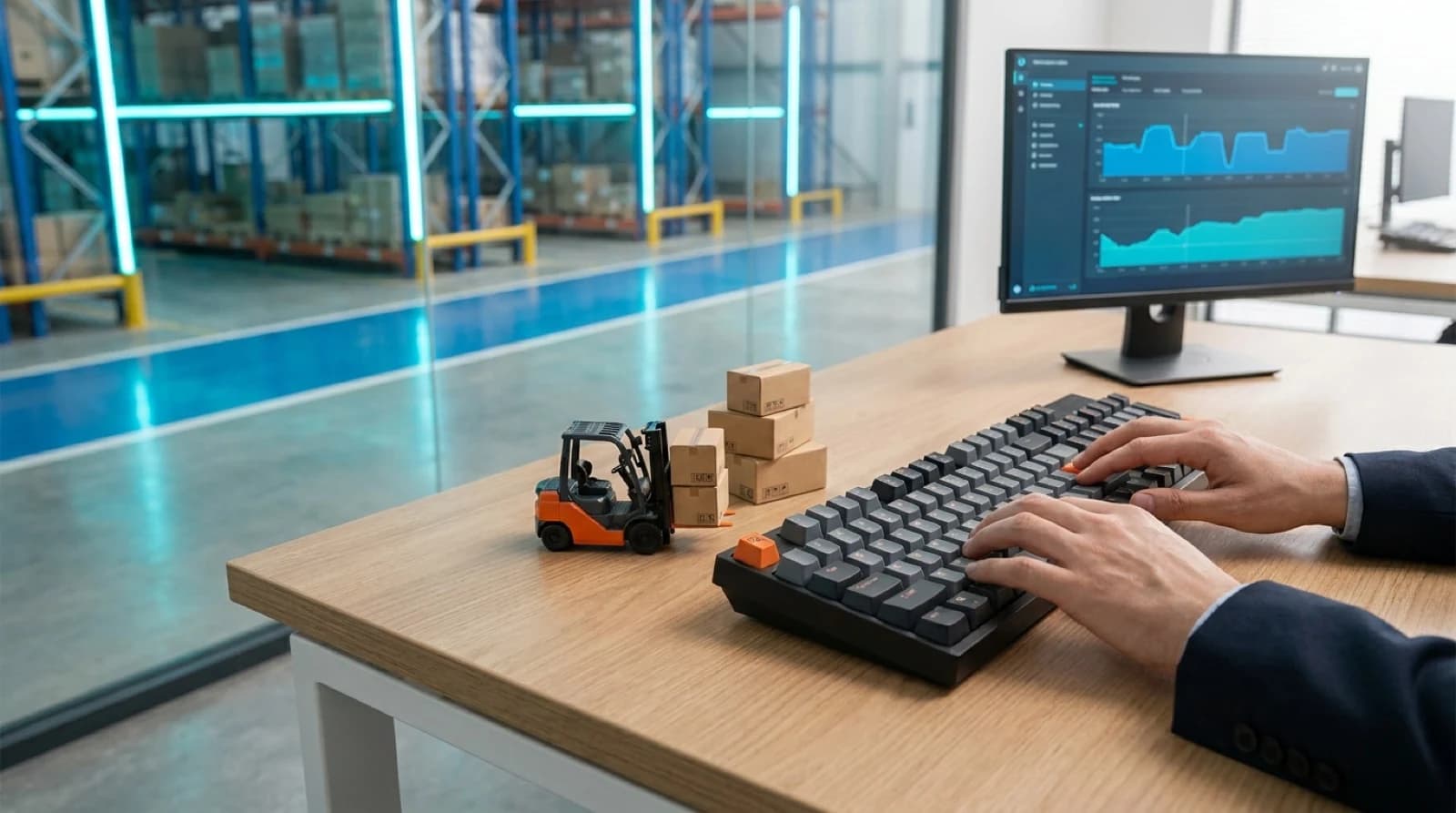 keyboard with a mini forklift and boxes on top