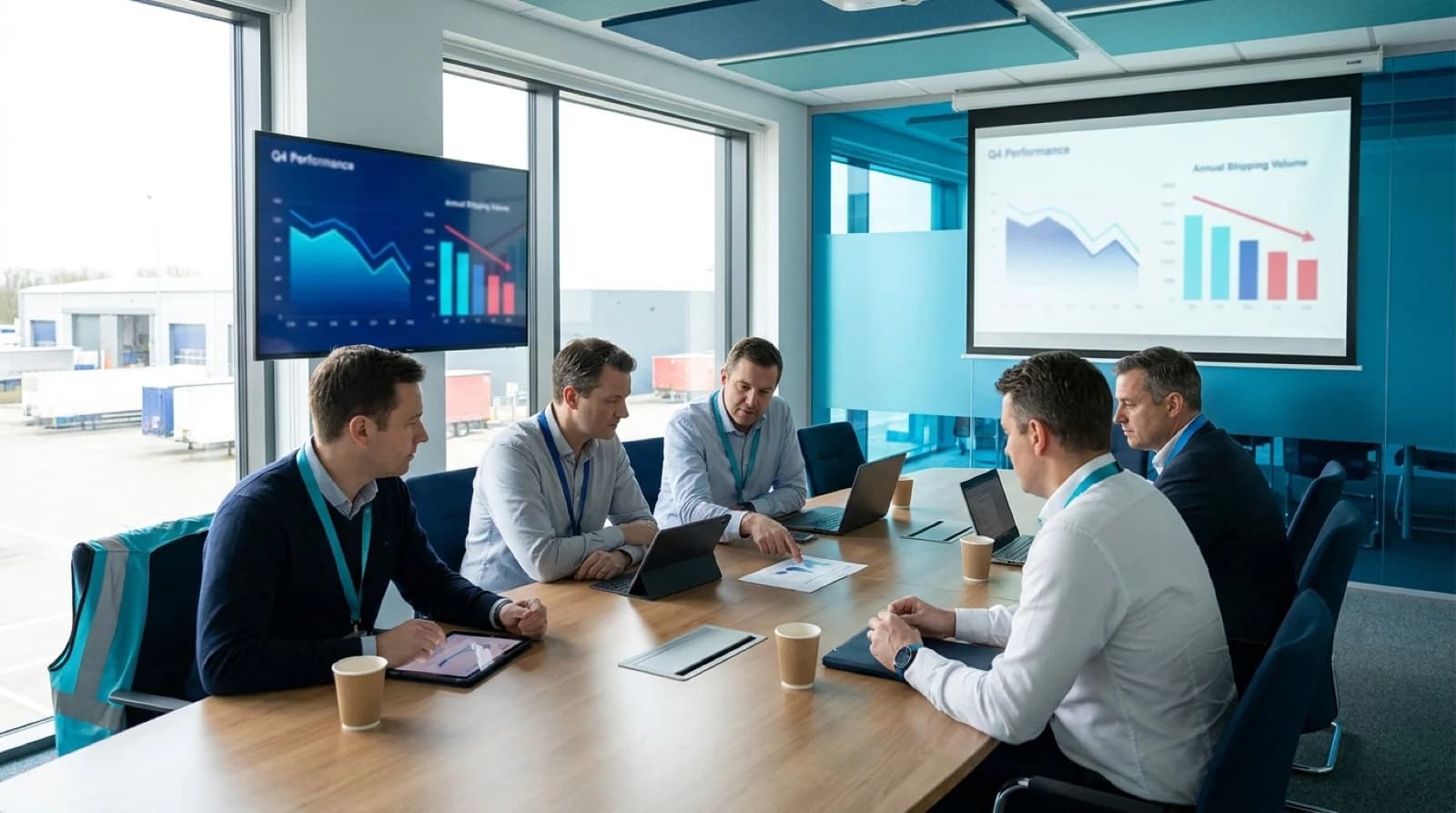 Business meeting room showing year-end performance decline charts on screen and table