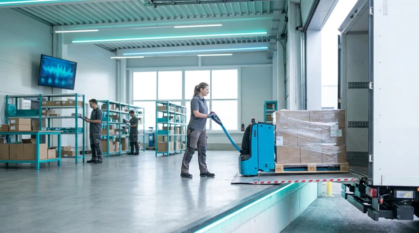pallet truck loading items into a truck at warehouse dock