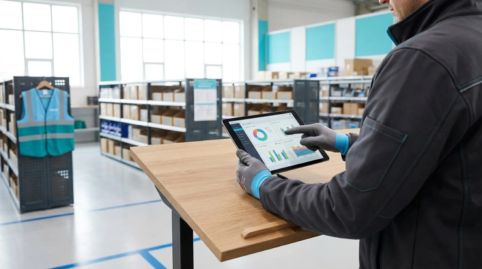 finger pointing at a tablet with charts and graphs and a warehouse in the background