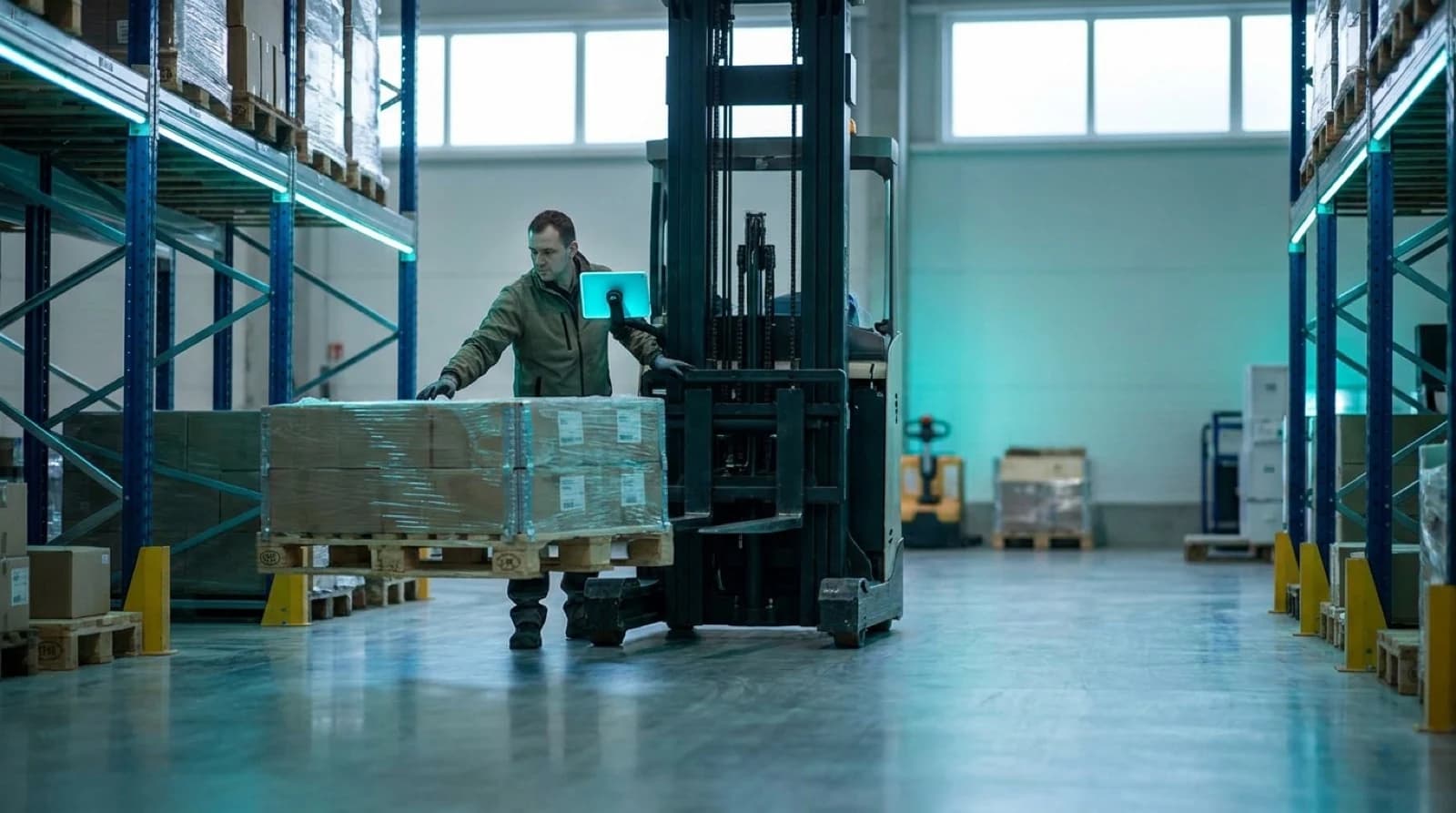 warehouse worker picking up a pallet